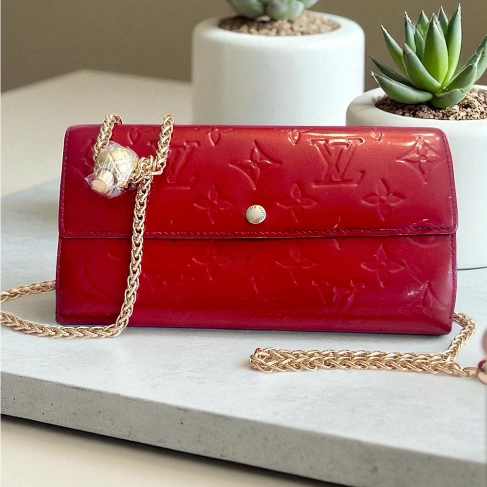 Louis Vuitton Red Embossed Clutch with Gold Chain